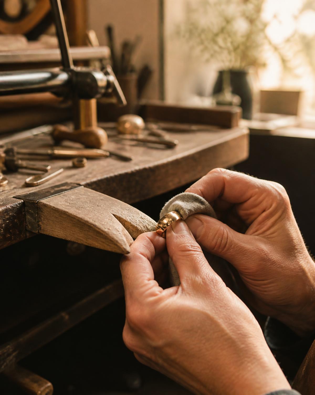 Goldschmied poliert einen Trauring an der Werkbank